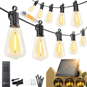 Brightown 100ft solar string lights on a fence creating ambient outdoor lighting