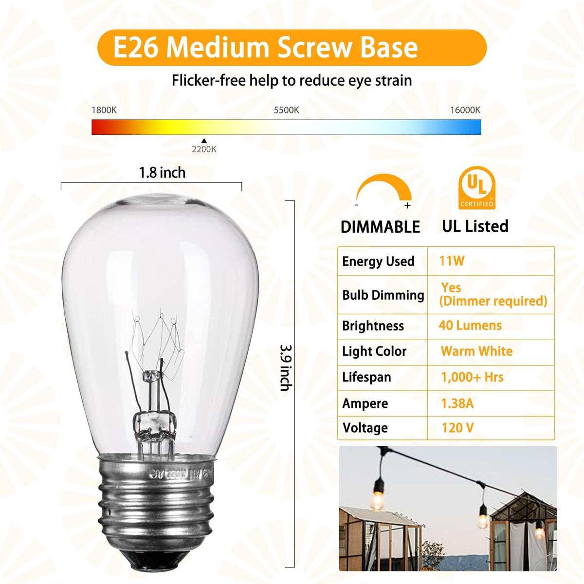 Brightown 11W S14 outdoor bulbs with clear glass for warm evenings.