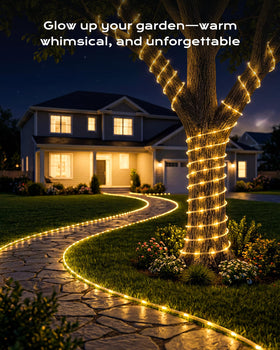 Brightown rope lights edge a fence with durable lighting.