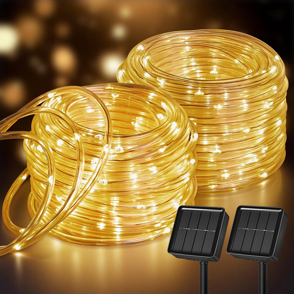 Brightown solar rope lights illuminate a patio for cozy evenings.