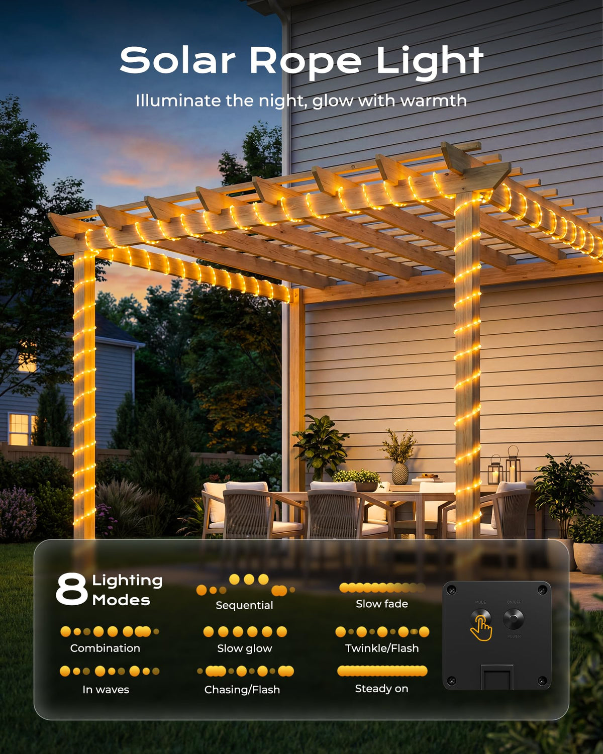 Brightown rope lights outline a yard path for safe evening walk.