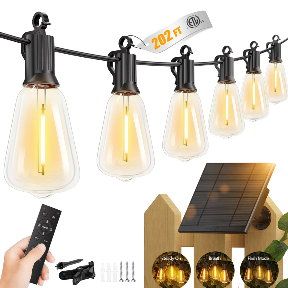 Brightown 202FT solar string lights with remote illuminate outdoor spaces without wiring.