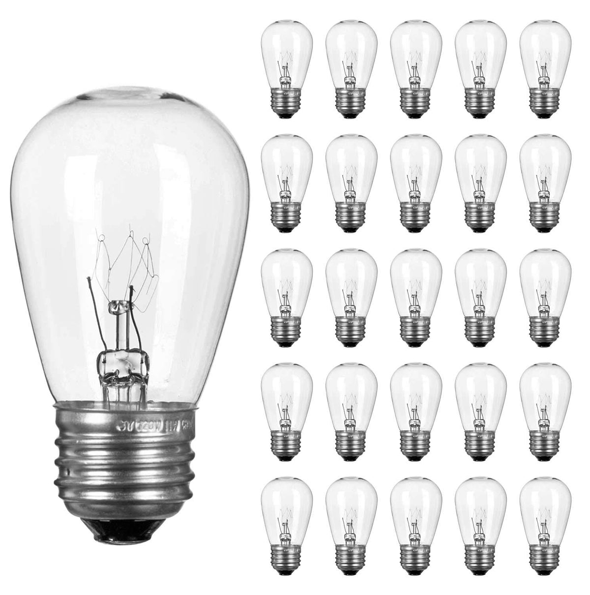 Brightown 26-pack S14 clear bulbs for outdoor string lights.