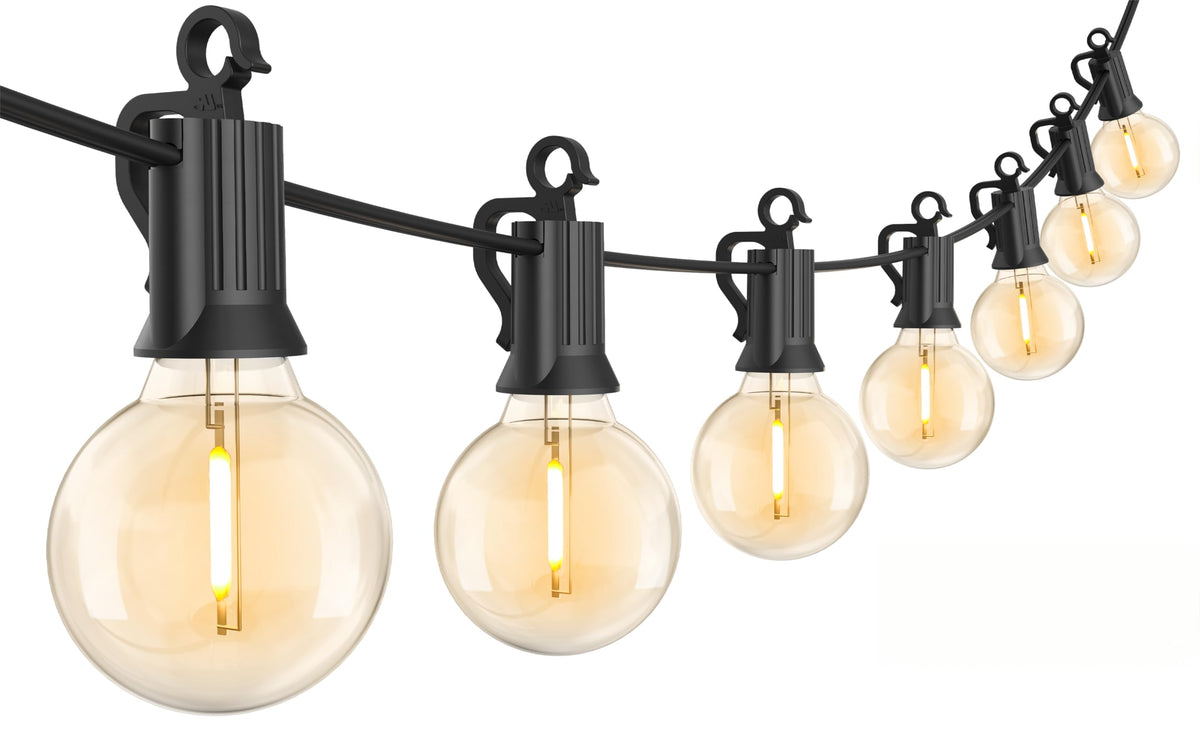 Brightown 30ft LED outdoor string lights illuminate a cozy patio with 25 bulbs