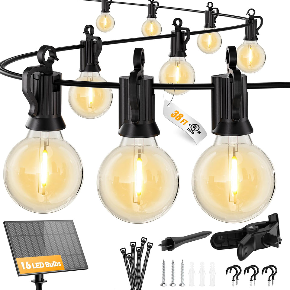 Brightown 38FT solar string lights with panel setup for easy mounting