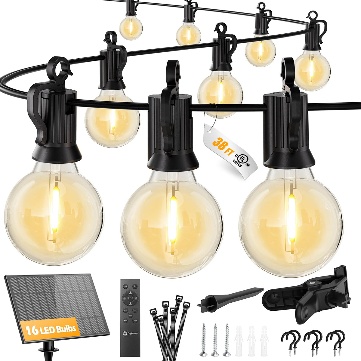 Brightown 38ft solar string lights panel mounted on wall for quick setup.