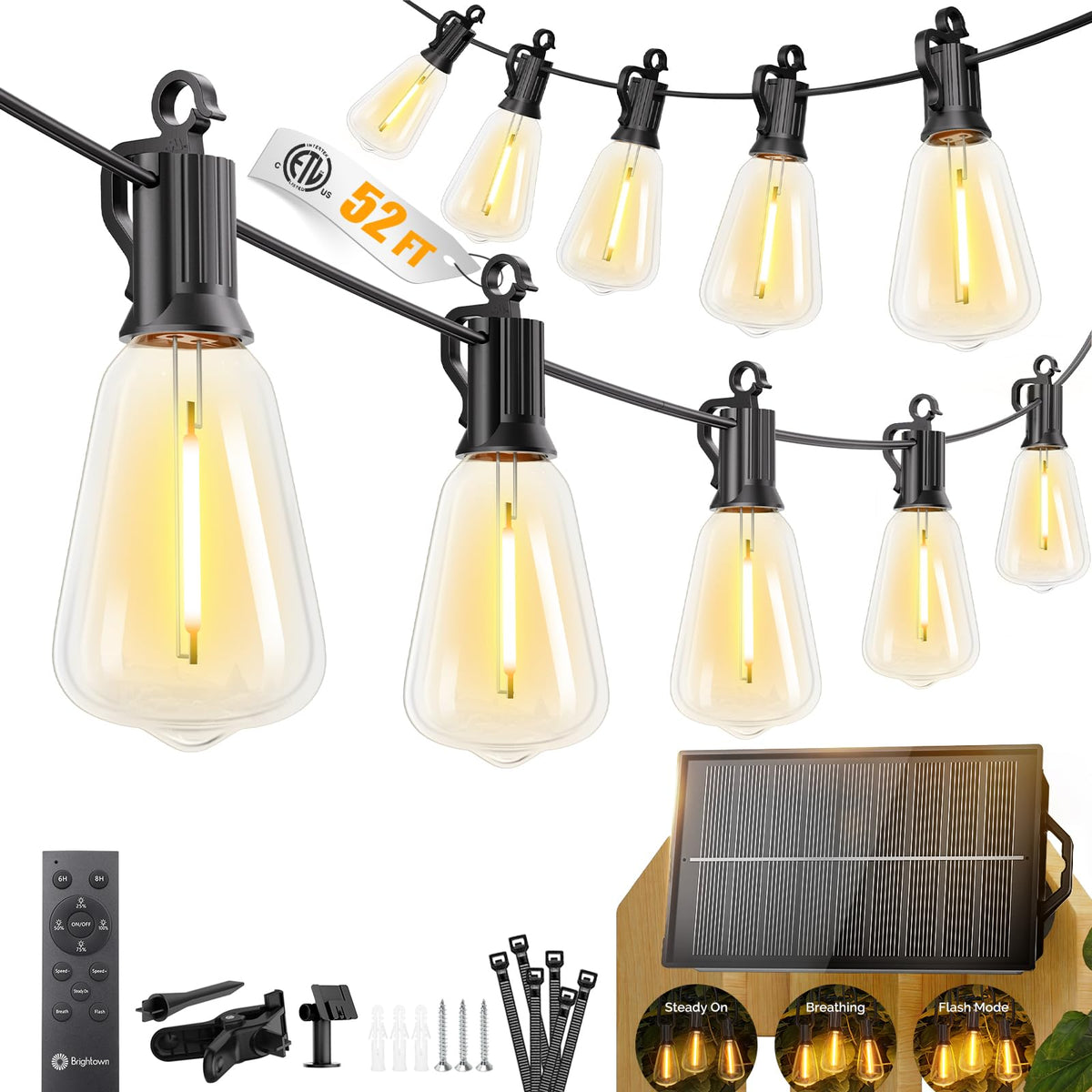 Brightown 52ft solar string lights outdoors for a warm patio ambiance
