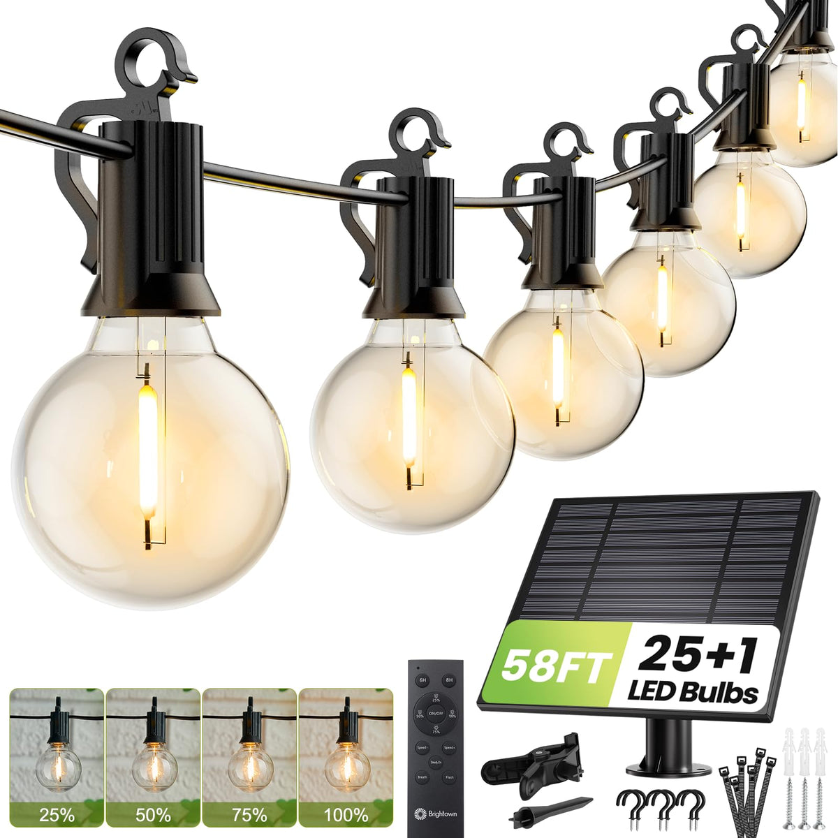 Brightown 58ft solar string lights outdoors illuminate porches with flexible installation.