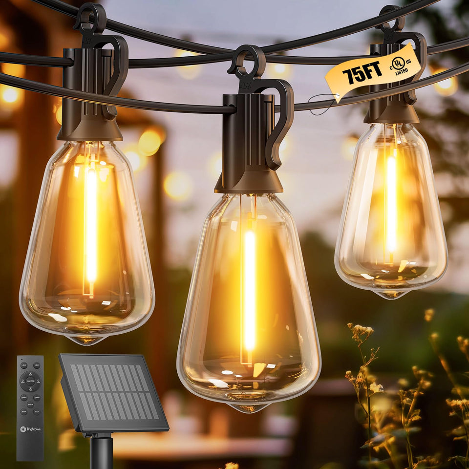 Brightown 75ft solar string lights illuminating an outdoor patio for evenings