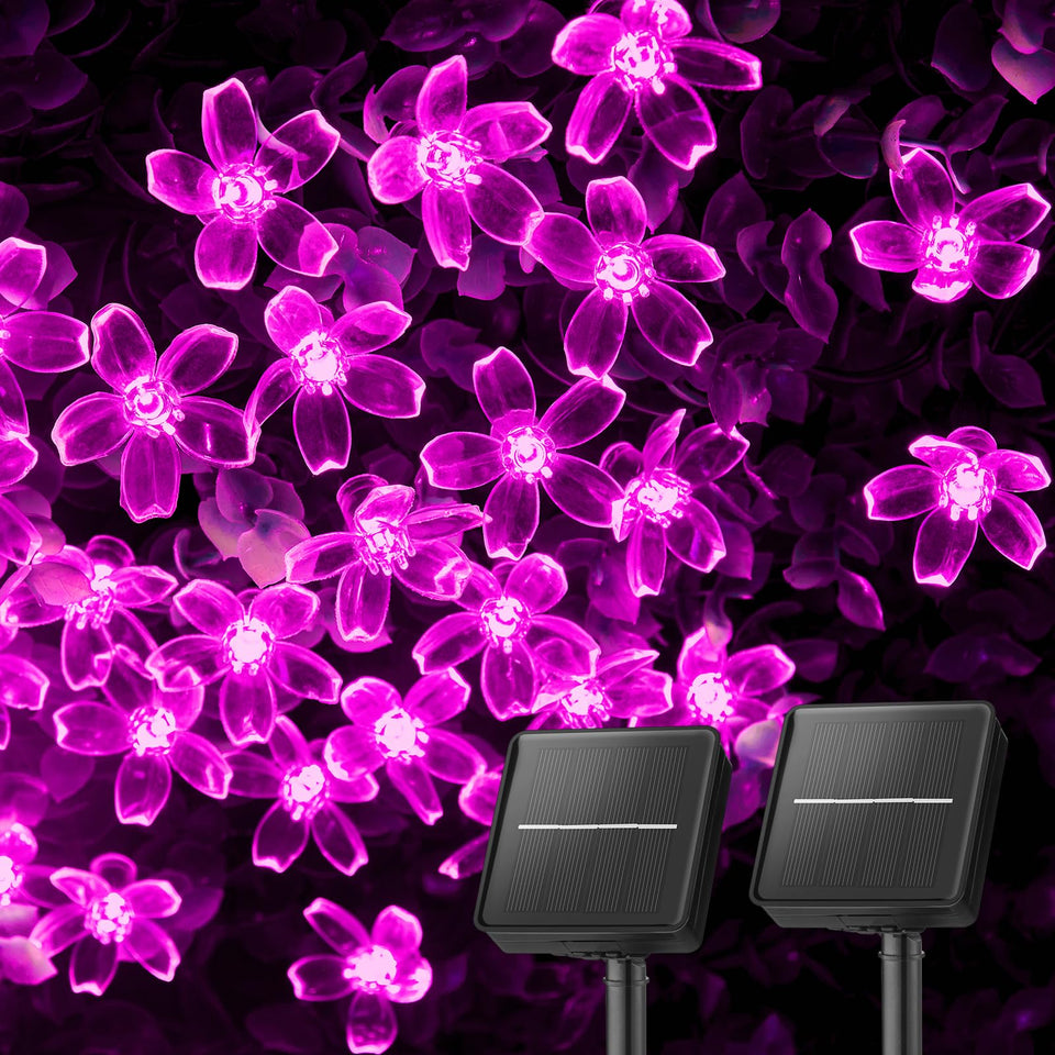 Brightown cherry blossom solar lights showcase a two-pack garden setup with warm, pink LEDs.