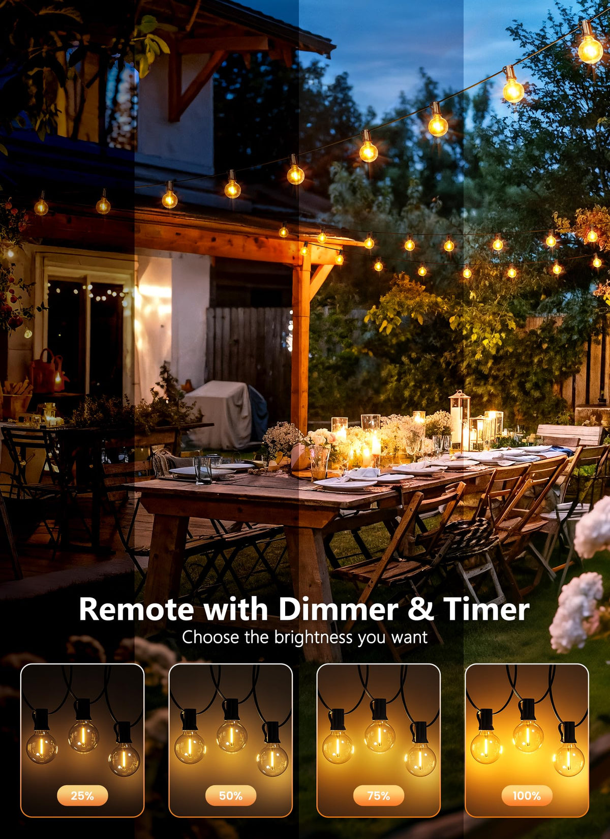 Dimmable patio lighting with remote offers customizable brightness.