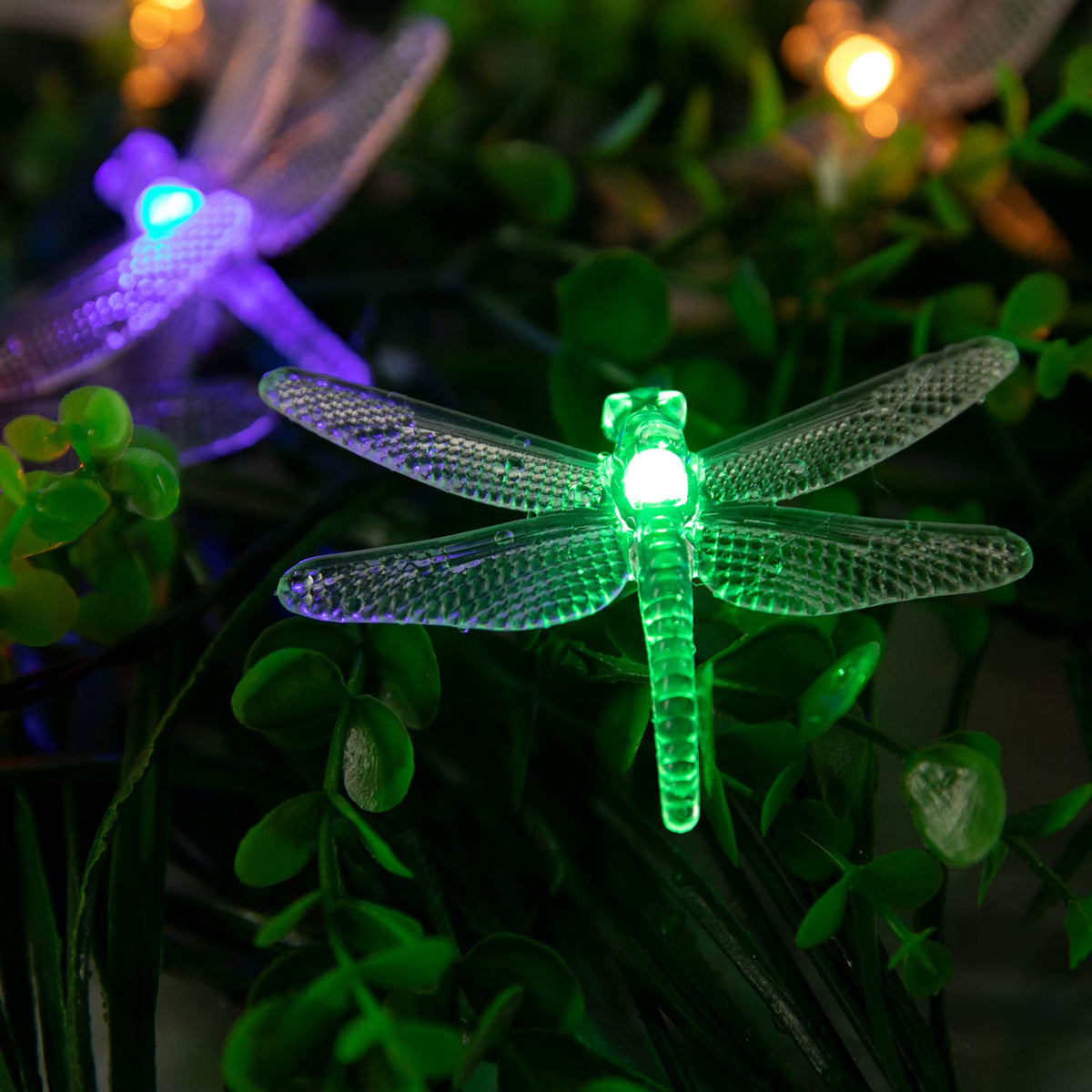 Brightown dragonfly lights glow on a tree for a graceful yard display
