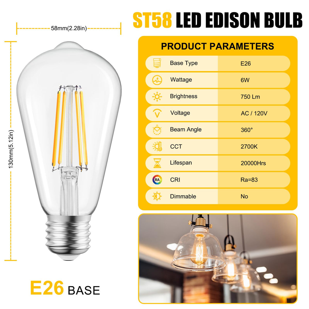 Brightown Edison filament bulbs provide 750 lumens for bright, steady illumination in living spaces.