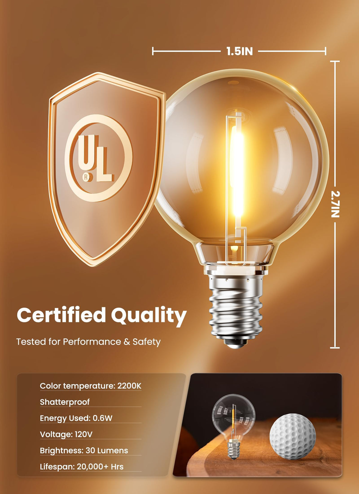 Brightown G40 dimmable bulb closeup showing efficiency and durability.