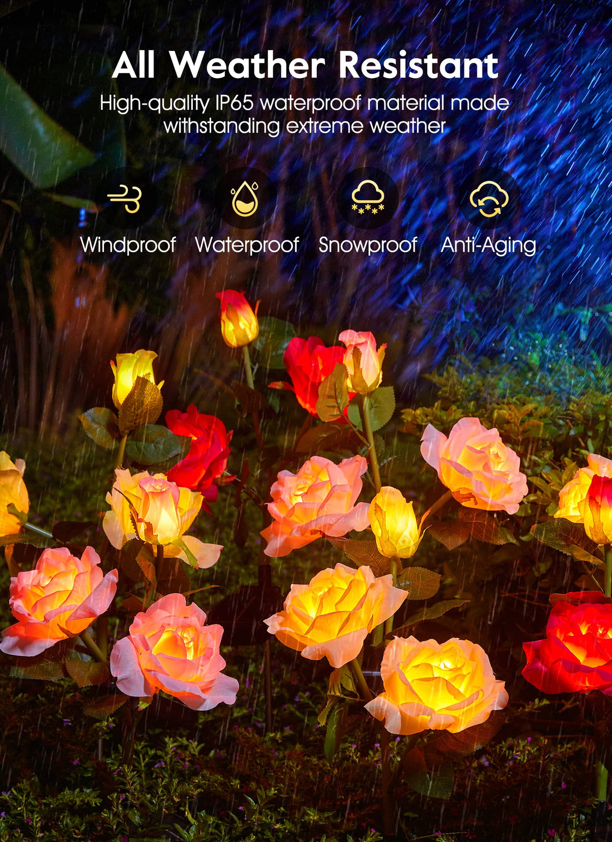 Brightown IP65 waterproof rose lights withstand weather while decorating patios