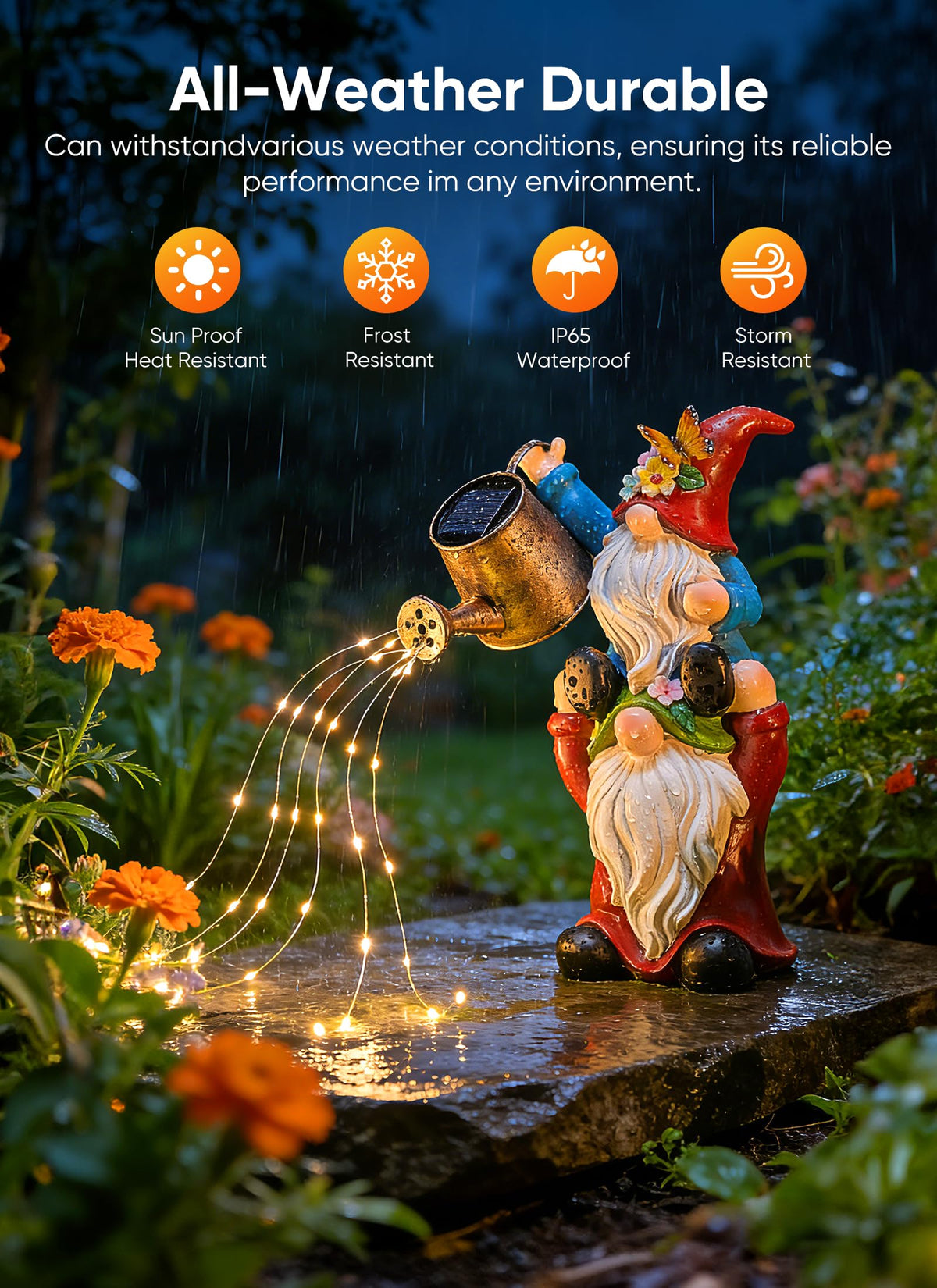 Brightown IP65 weatherproof gnome ideal for year-round garden decor.