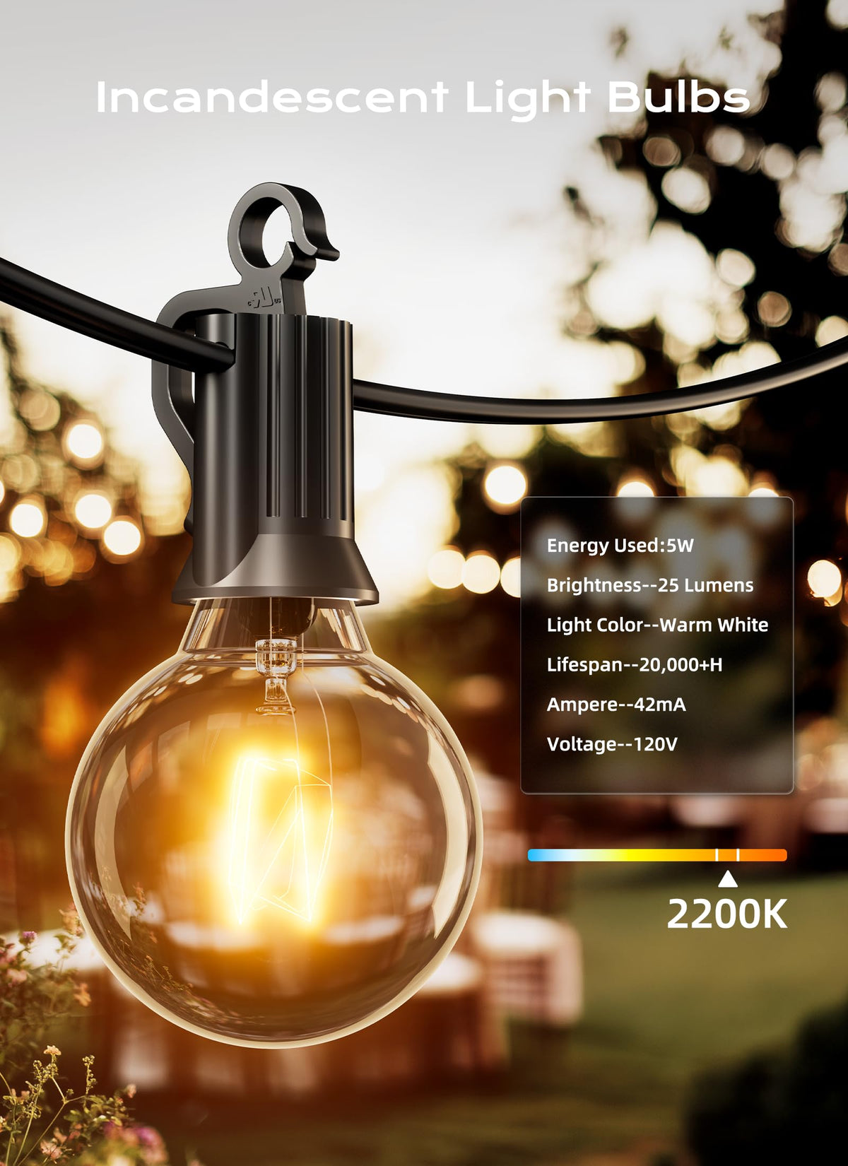 Outdoor patio lighting using Brightown G40 clear globe bulbs.