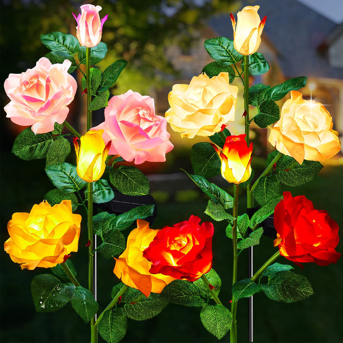 Brightown outdoor solar garden lights with rose flowers illuminate walkways with a romantic glow