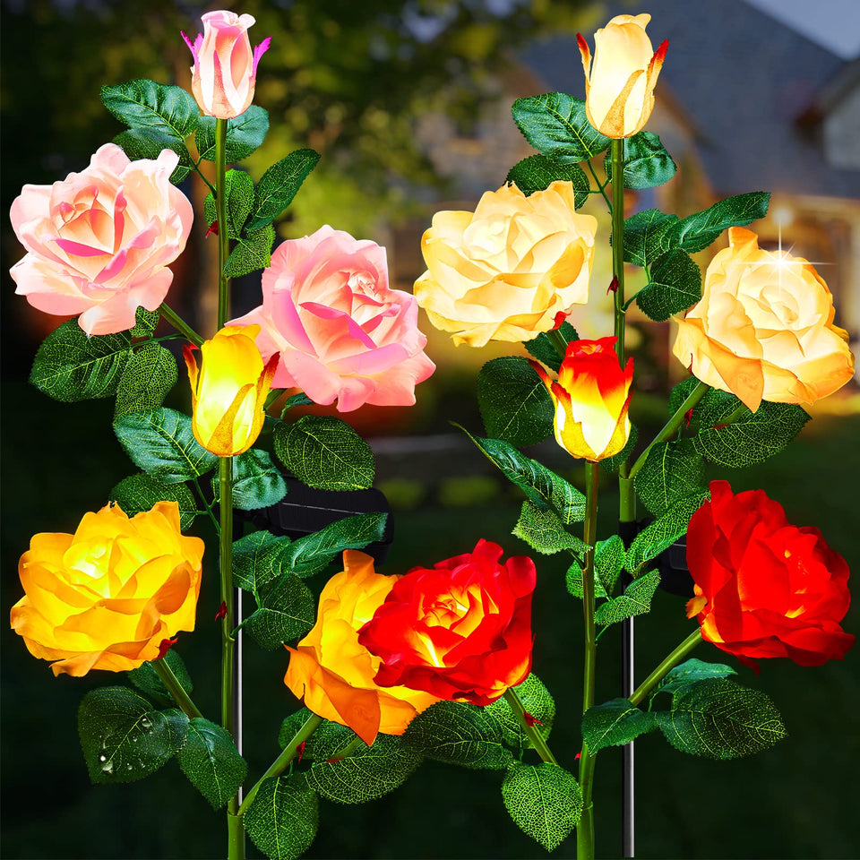Brightown outdoor solar garden lights with rose flowers illuminate walkways with a romantic glow