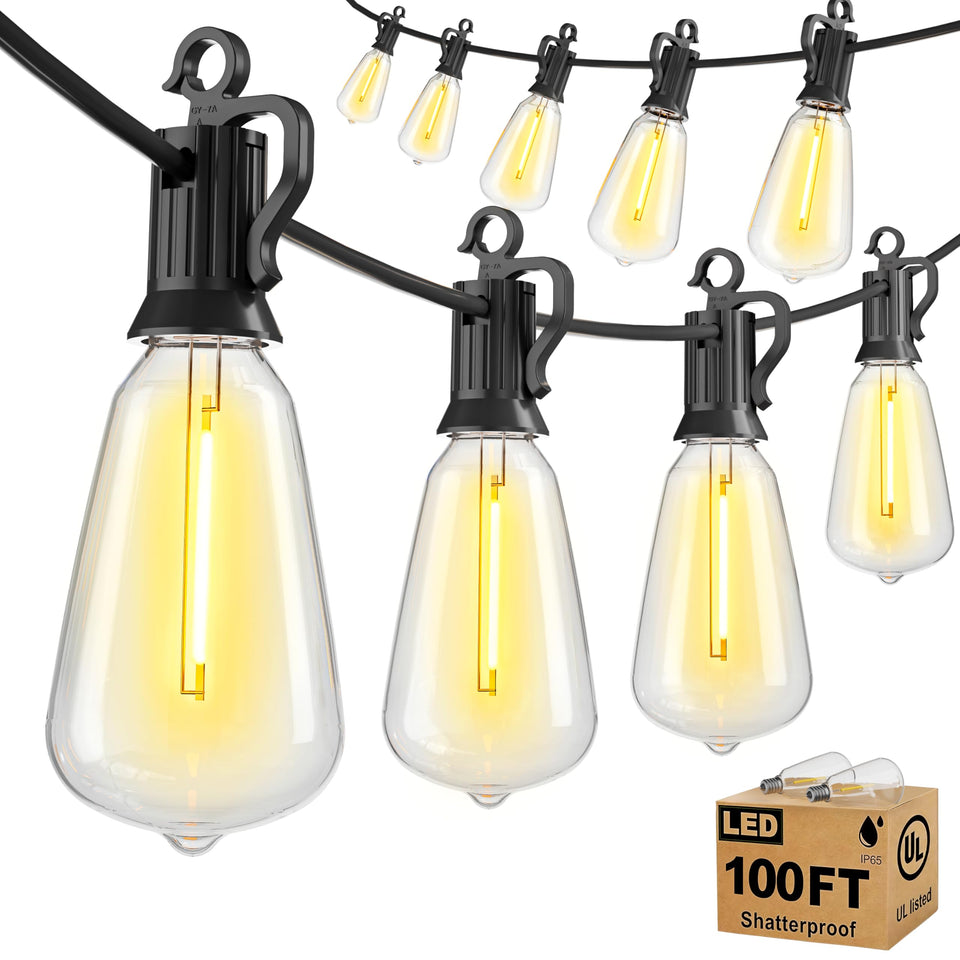 Brightown 100ft outdoor string lights illuminate patios safely and efficiently.