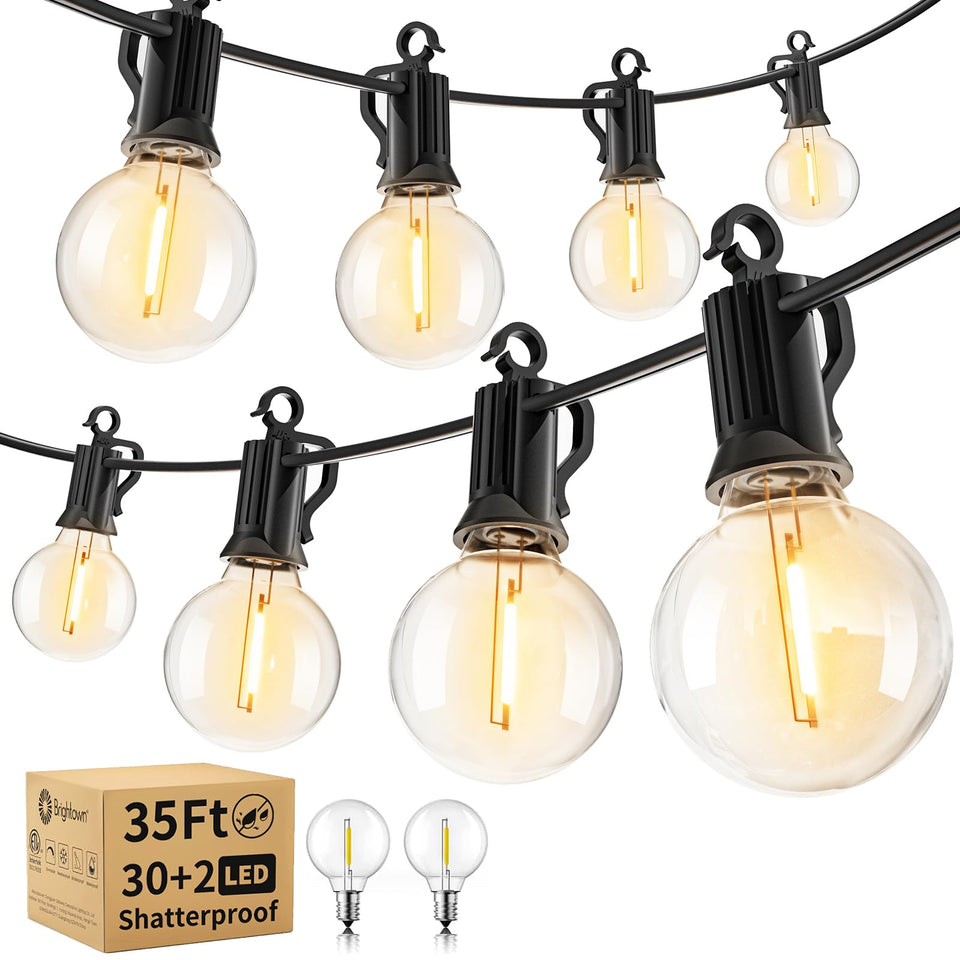 Brightown outdoor string lights with globe bulbs illuminate a cozy backyard ambience.
