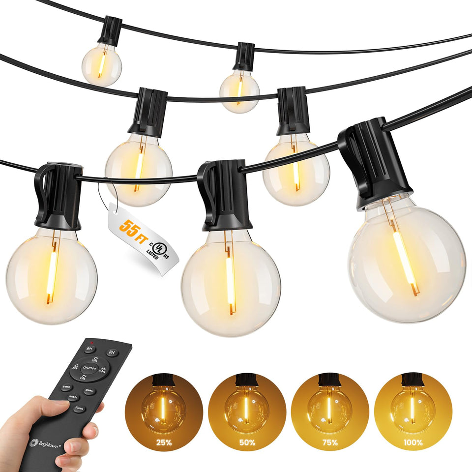 Brightown outdoor string lights 55ft 25 G40 bulbs provide warm, durable ambience.