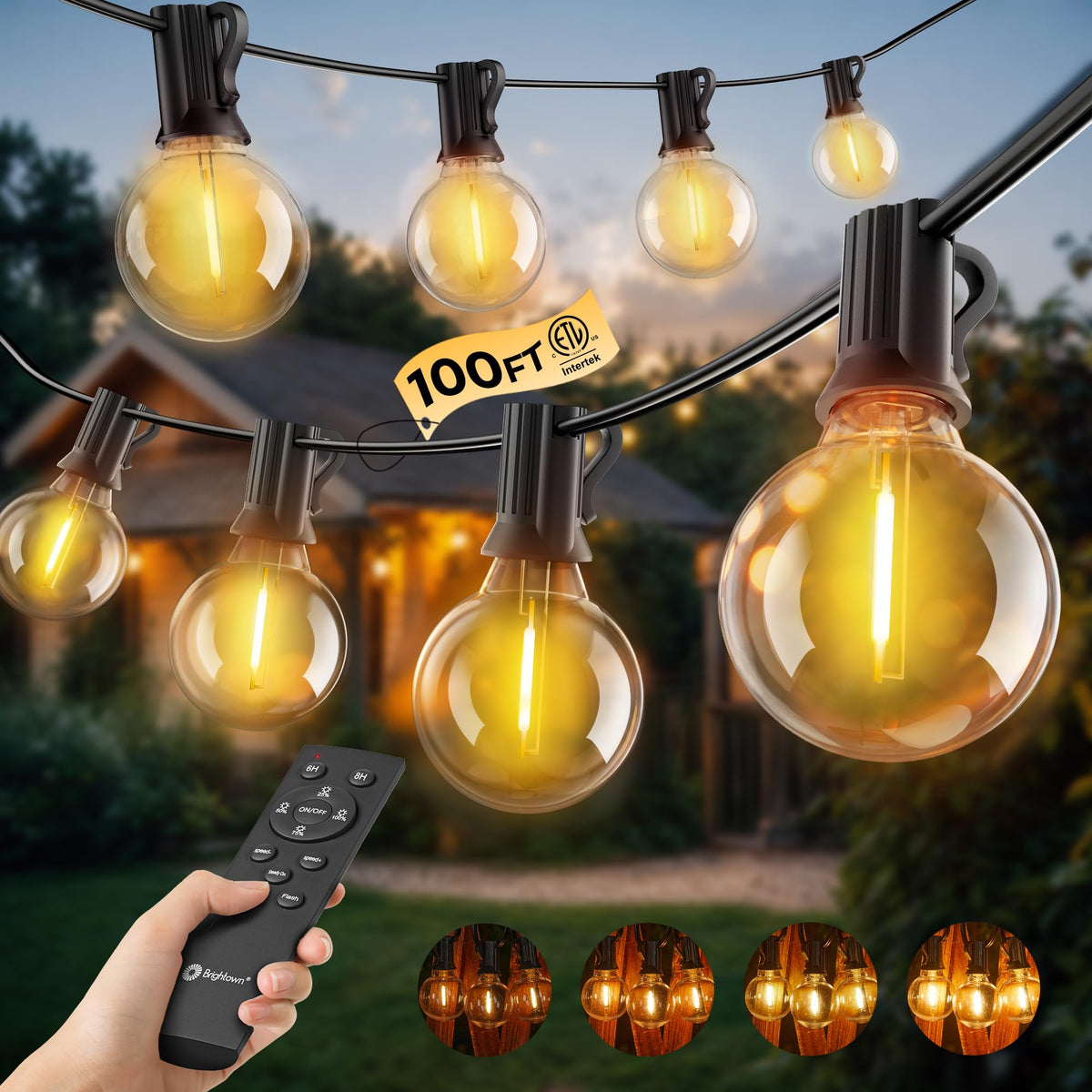 Brightown outdoor string lights with remote for 100ft setup, easy ambiance.
