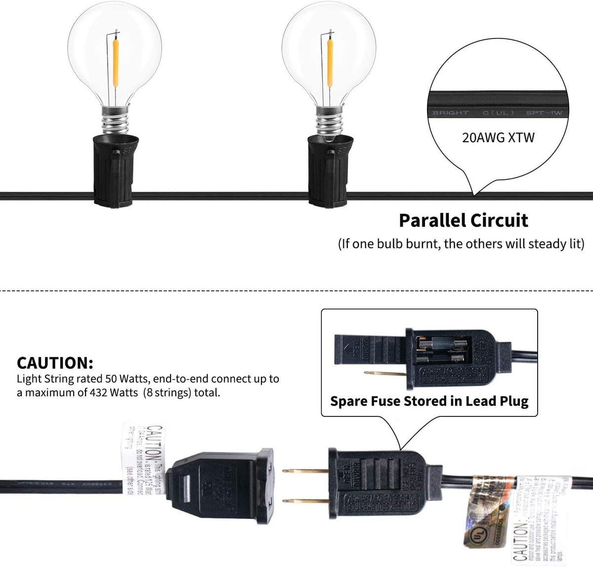 Brightown plug-in cord includes spare fuse for safety.