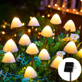 Brightown solar mushroom lights illuminate outdoor pathways with a 32.8 ft string for cozy ambience.
