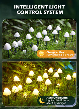 Brightown solar mushroom lights offer eight modes for versatile mood lighting on patios and tents.