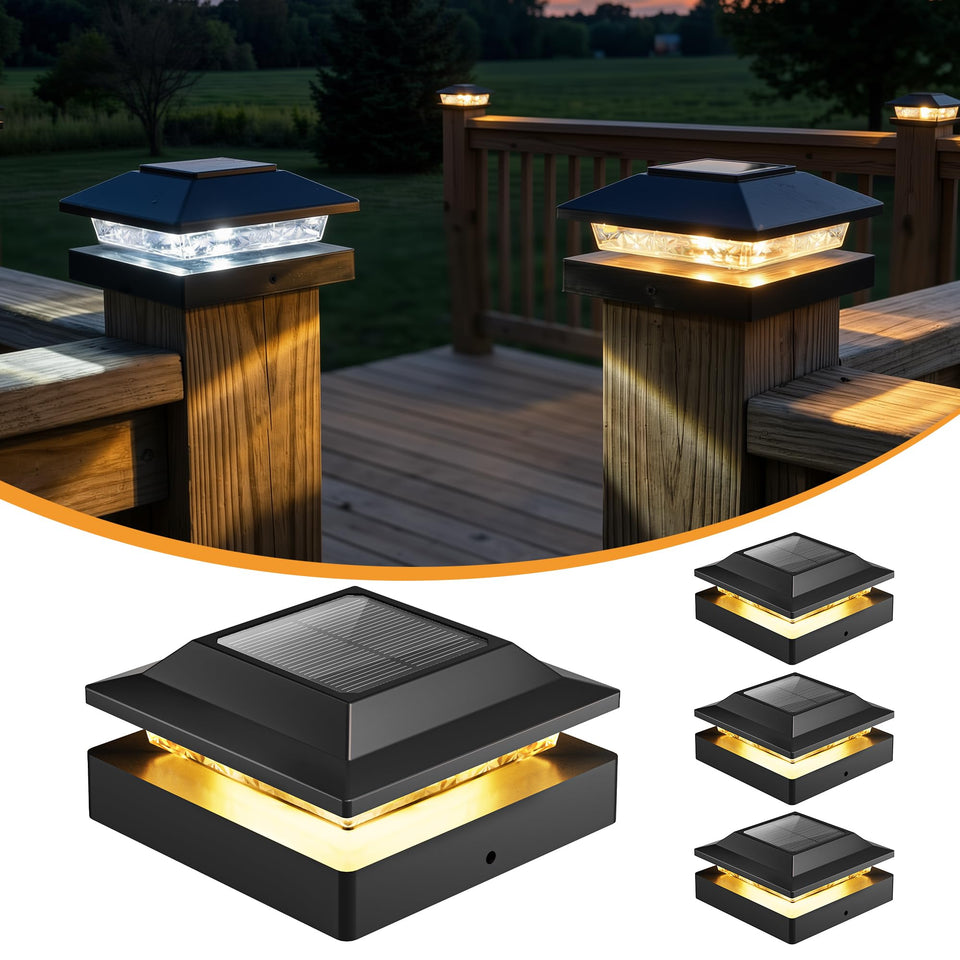 Brightown solar post cap lights on a post provide inviting evening illumination.