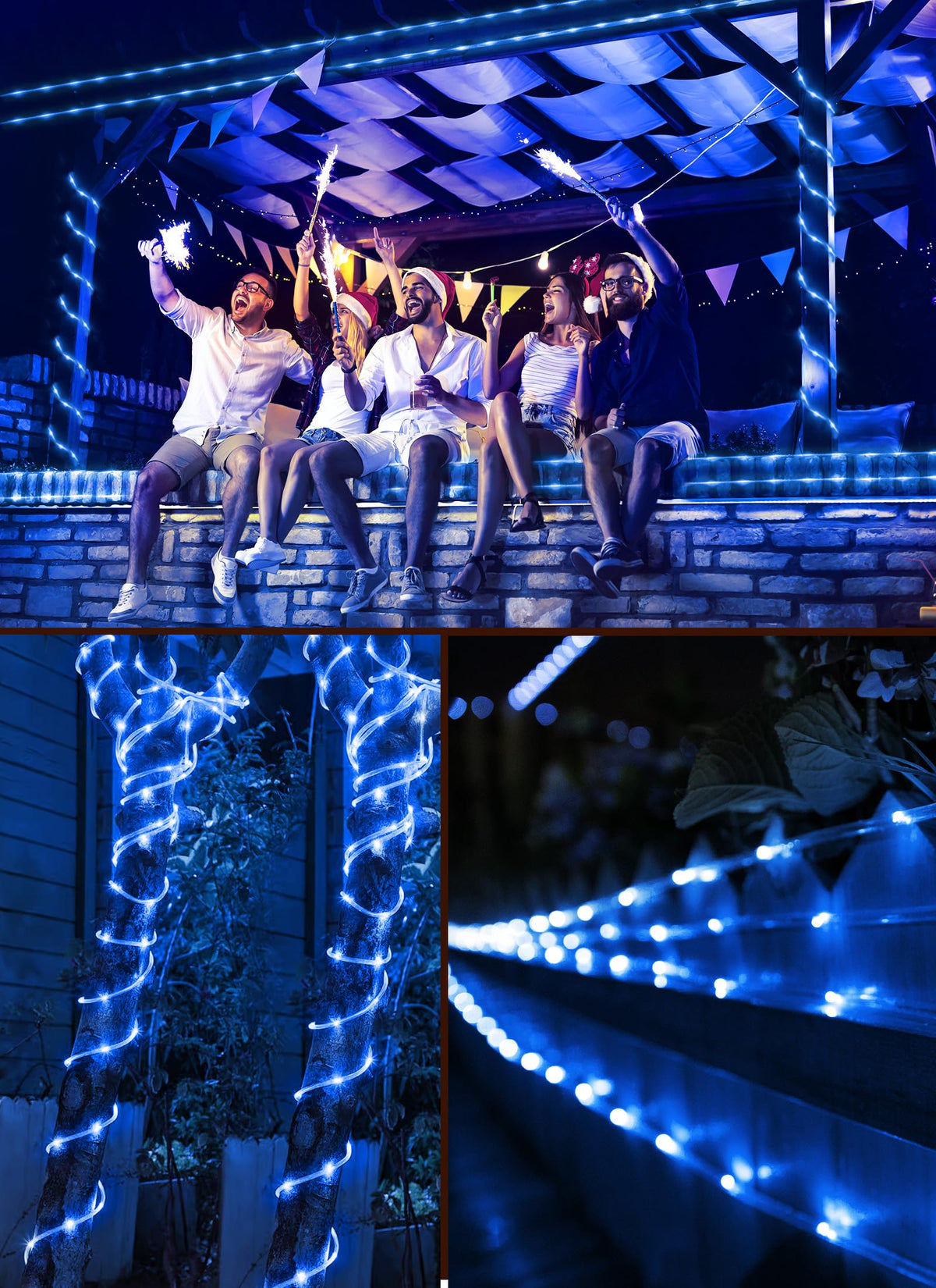 Brightown Solar Rope Lights illuminate a blue garden, ideal for parties and evenings.