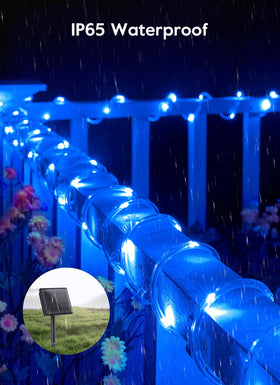 Brightown Solar Rope Lights blue on patio creating a warm glow after dusk.