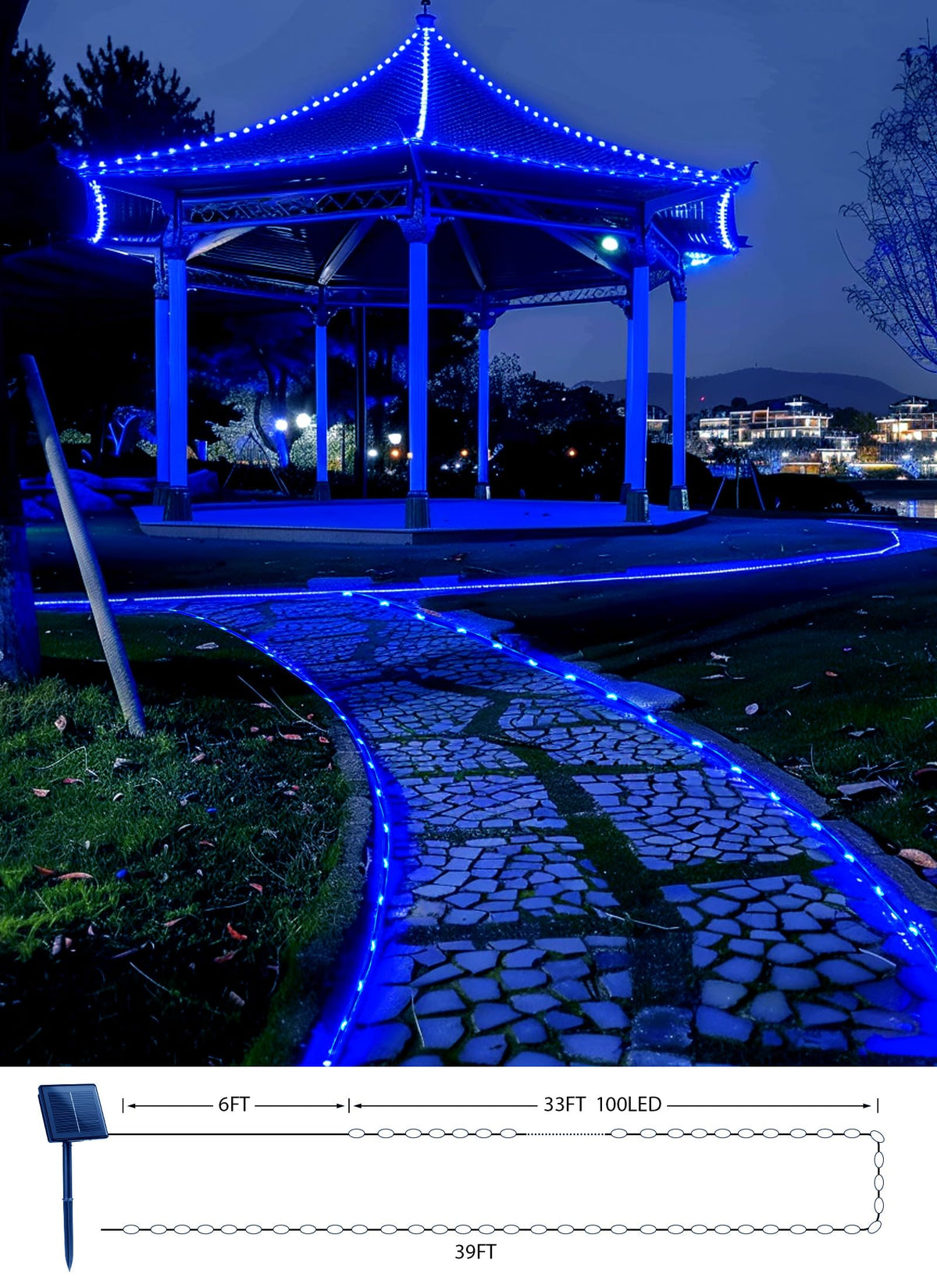 Brightown Solar Rope Lights around a blue pergola, simple installation with clips.