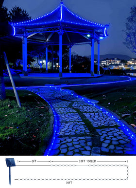 Brightown Solar Rope Lights around a blue pergola, simple installation with clips.