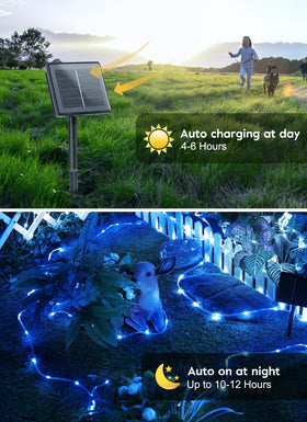 Brightown Solar Rope Lights on an umbrella in blue, easy outdoor lighting setup.