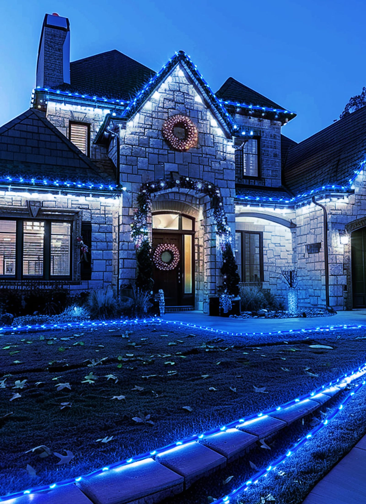 Brightown Solar Rope Lights along a blue wall, IP65 weatherproof for outdoor use.
