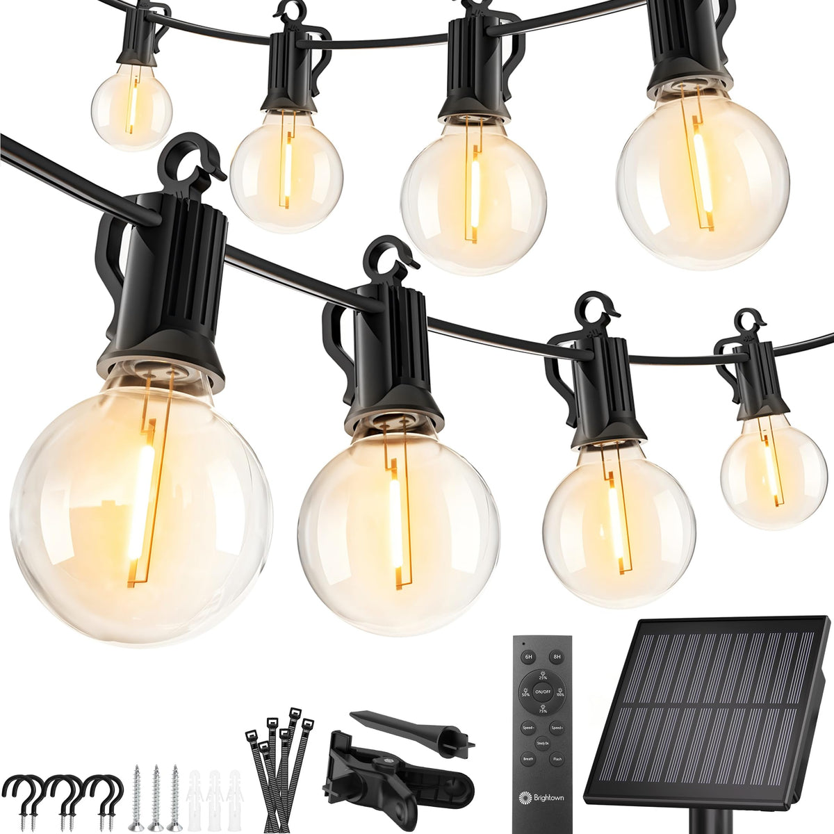 Brightown solar string lights 38ft with 16 LED bulbs create warm backyard ambience.