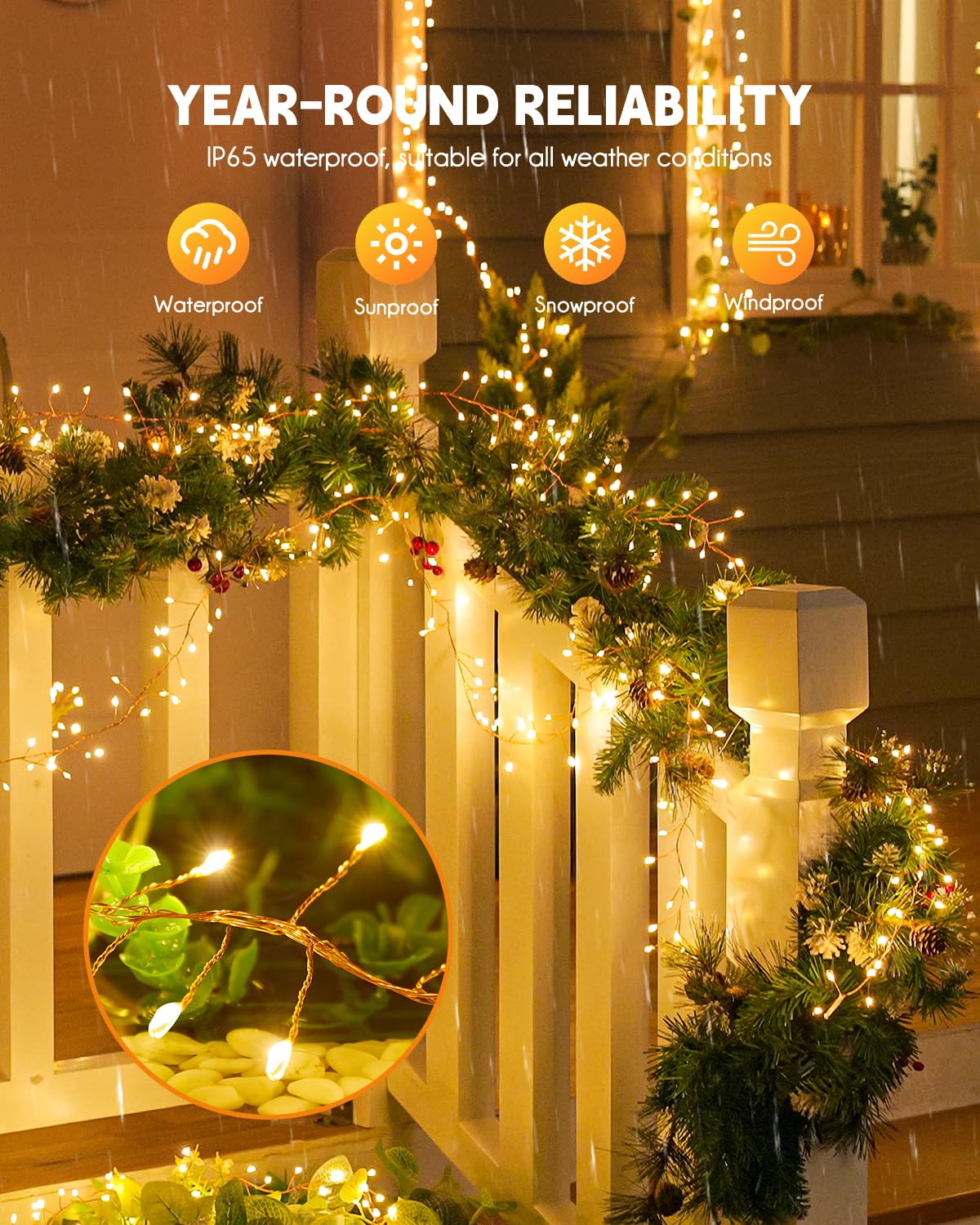 Brightown Solar String Lights in garden with warm white LEDs.