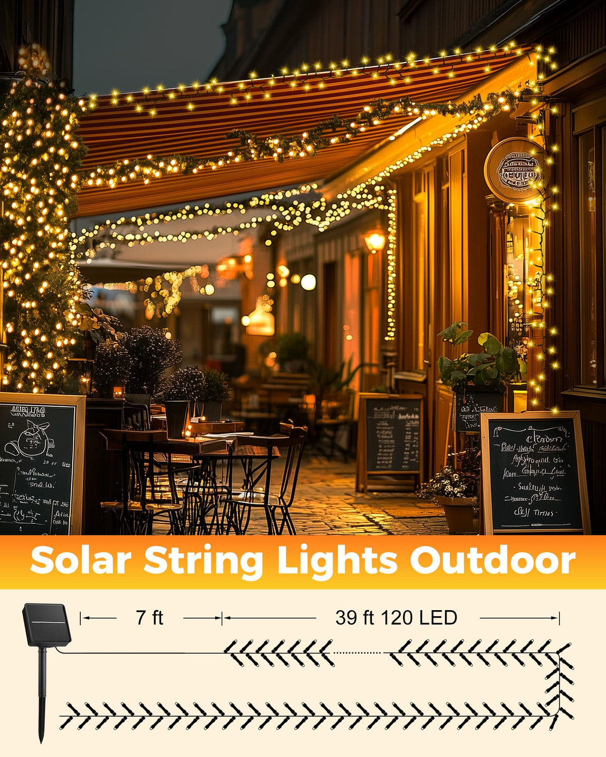 Brightown patio dining area illuminated by solar string lights.