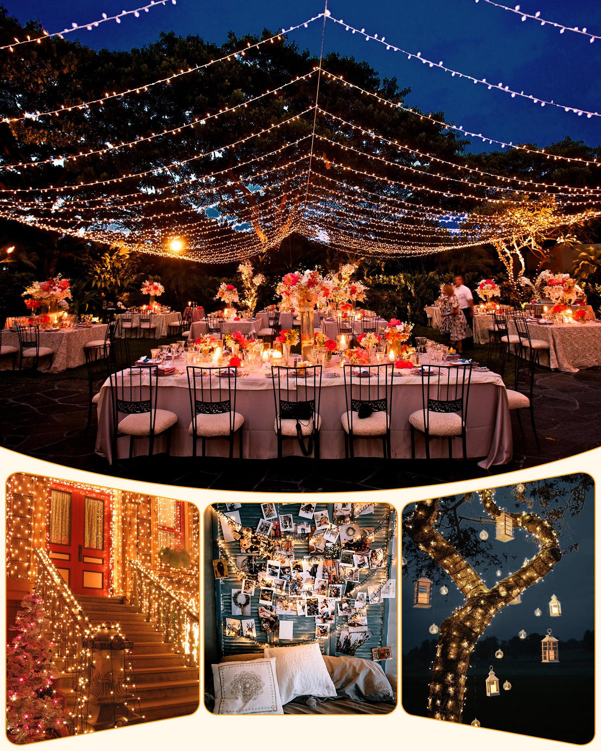 Brightown wedding reception with twinkling warm white LEDs.