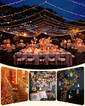 Brightown wedding reception with twinkling warm white LEDs.