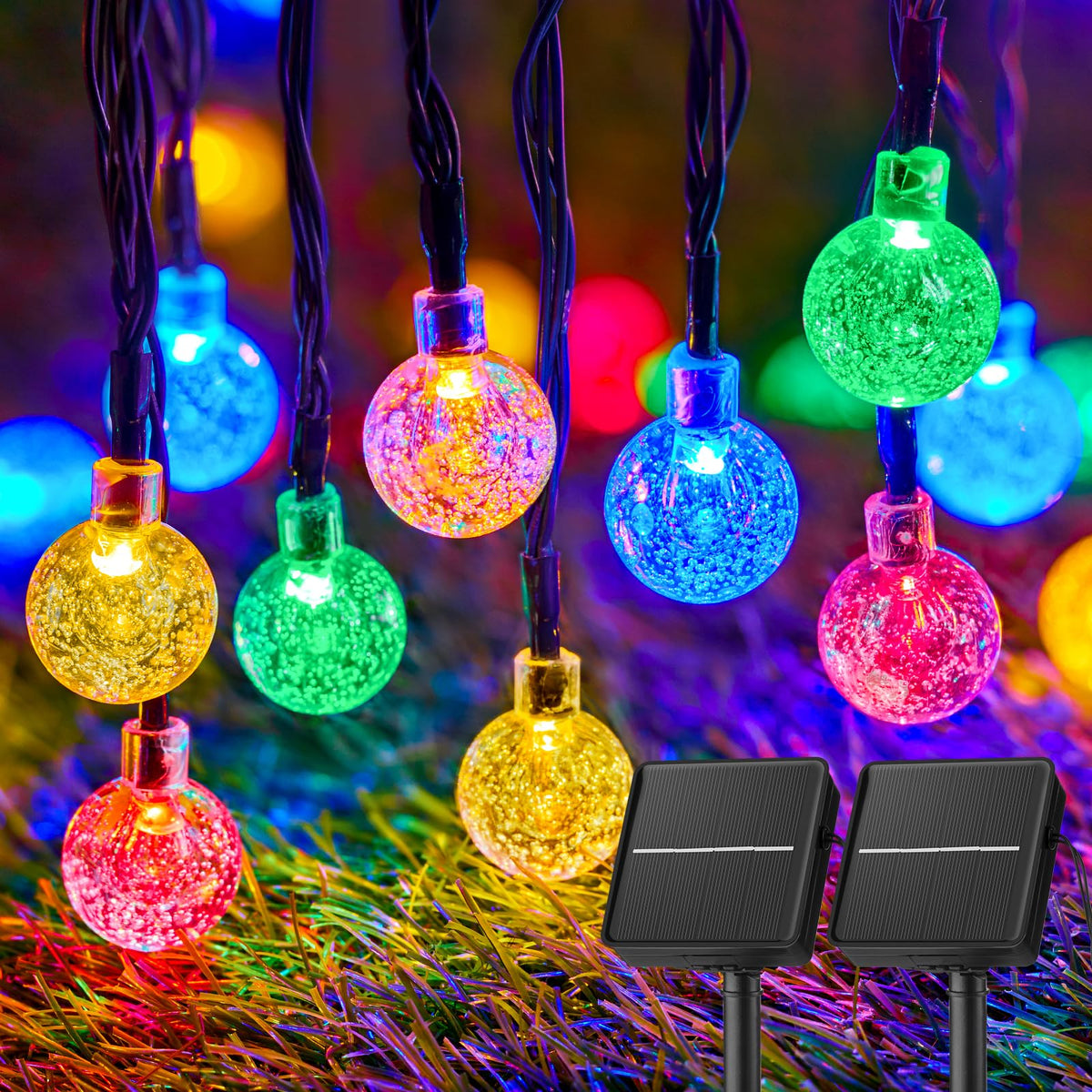 Brightown solar string lights illuminate patios with a warm, multicolor glow