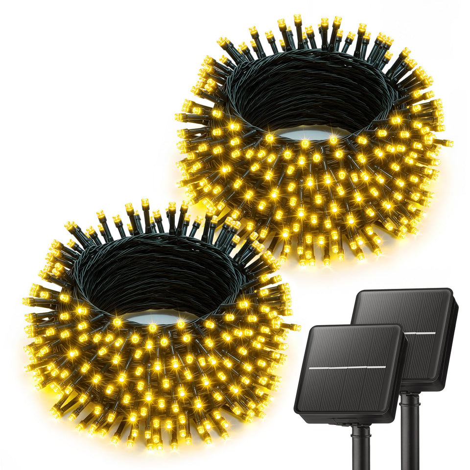 Brightown outdoor solar string lights illuminate the patio with warm white glow
