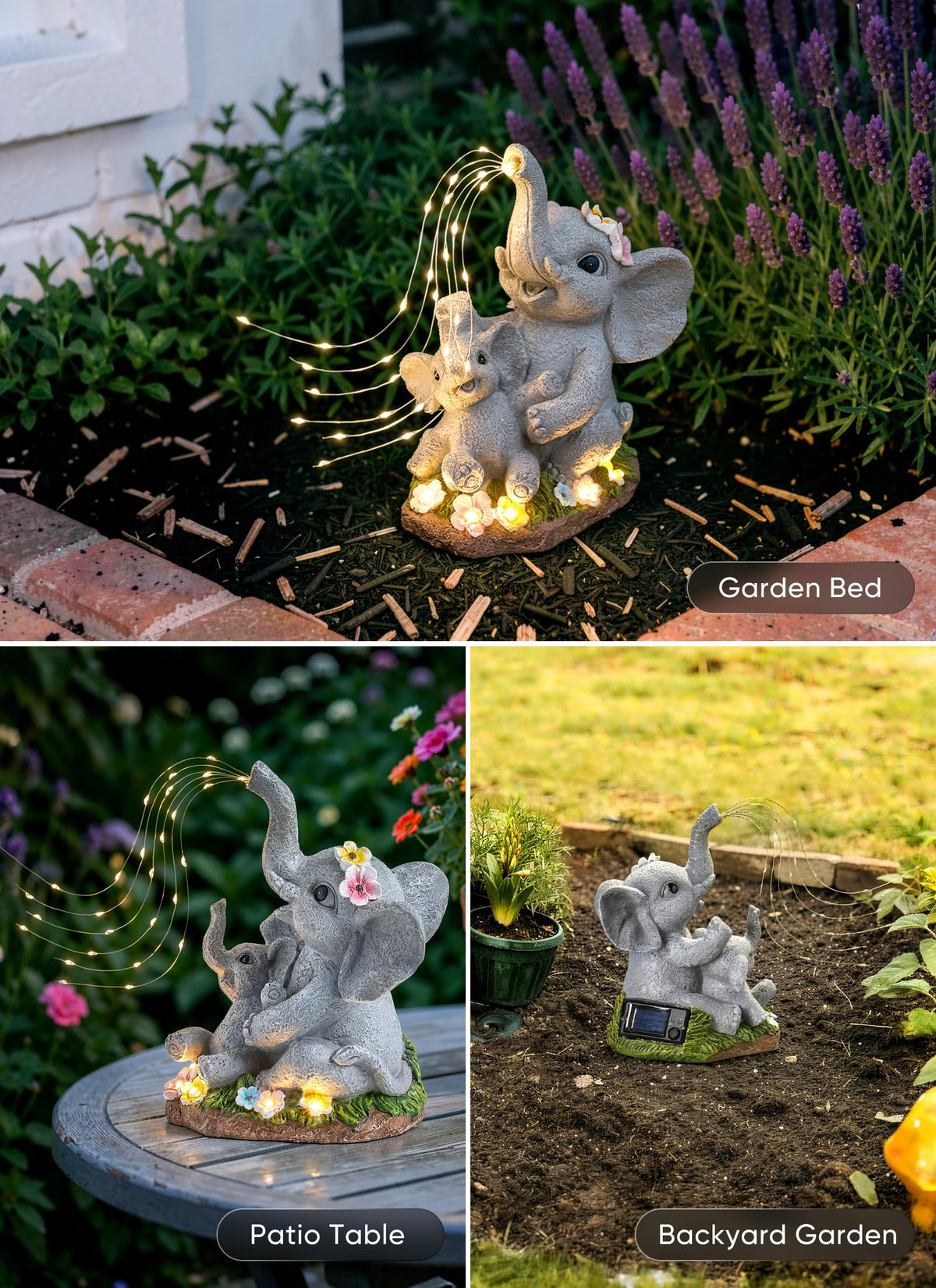 Brightown elephant with succulent LED lights creates magical nighttime ambience.