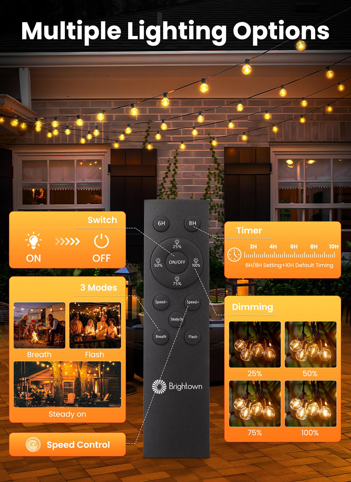 Brightown three-mode dimmable lighting for flexible outdoor ambience