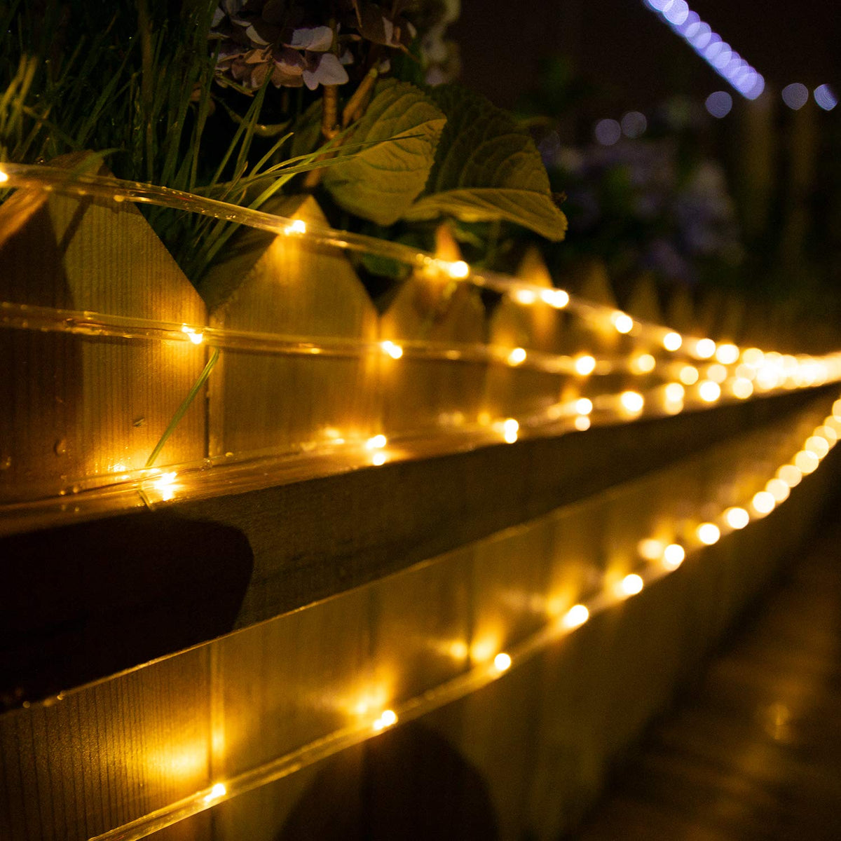 Brightown rope lights wrap around trees and fences for versatile DIY decor.