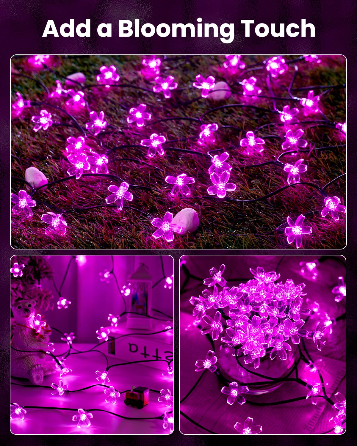 Brightown tree or fence decoration creates inviting outdoor ambience.
