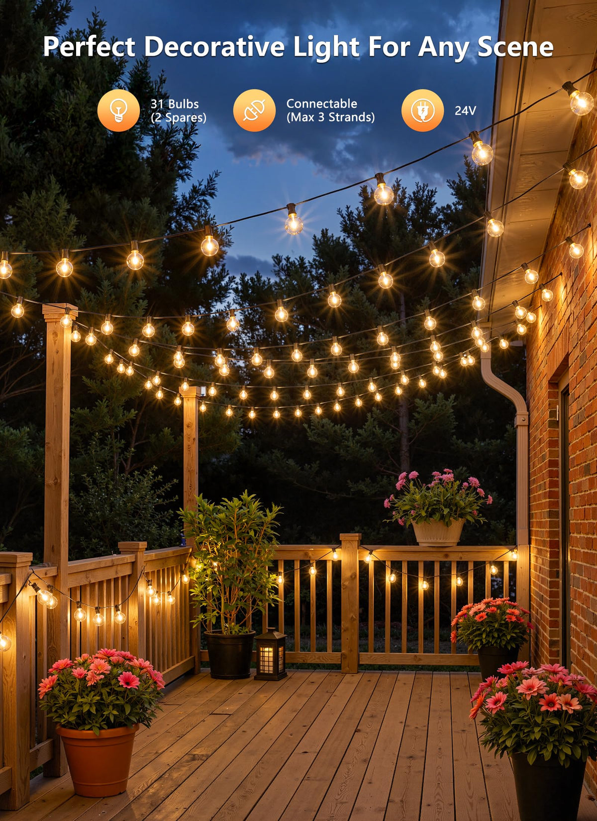 Warm 2700K glow creates cozy outdoor dining experiences.