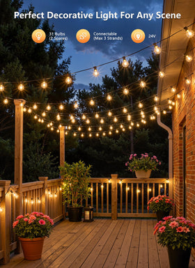 Warm 2700K glow creates cozy outdoor dining experiences.